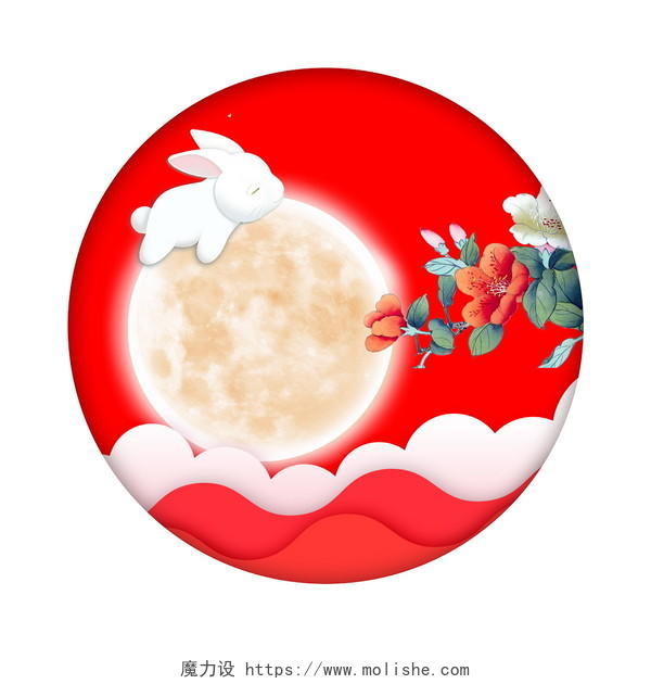 中秋中秋节中国风红色剪纸中秋兔子边框PNG素材